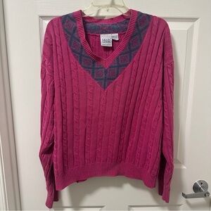 Vintage Pink and Gray V-Neck Cable Knit Sweater
